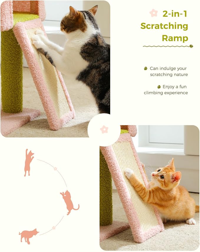 MUTTROS Flower Cat Tree 47.2" Multi-Level Cat Tower with Sisal Covered Scratching Posts, Cute Cat Condo for Indoor Small Medium Cats, Pink Top Perch, Fluffy Ball, Pink