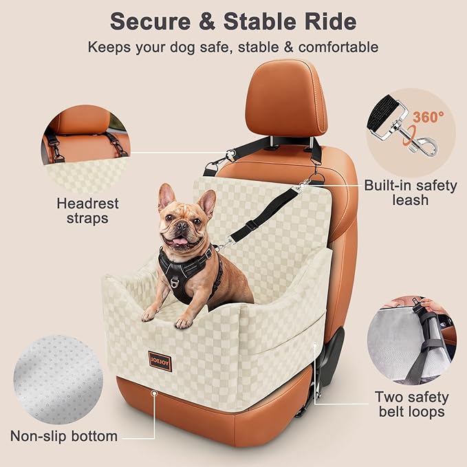 JOEJOY Elevated Dog Car Seat for Small/Medium Dogs up to 35 lbs, Memory Foam Booster Seat with Detachable Washable Cover, Travel-Safe Car Bed with Safety Belts & Storage Pockets, Beige