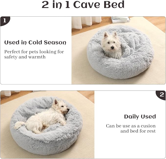 Calming Donut Dog Bed with Hooded Blanket – Plush Fluffy Cave Bed for Small & Medium Dogs, Machine Washable Anti-Anxiety Pet Bed for Cats