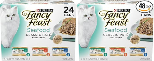 Fancy Feast Purina Seafood Classic Pate Collection Grain Free Wet Cat Food Variety Pack - (Pack of 48) 3 oz. Cans