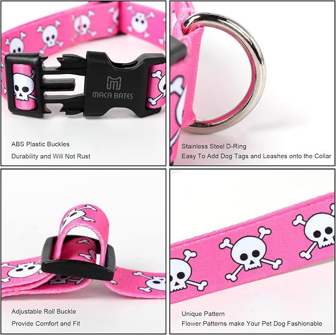 Maca Bates Halloween Pink Skull Dog Basic Collar Spooky Puppy Collars for Large Girl Boy Dogs,Cute Durable Soft Adjustable Gift for All Saints'Day Female Male Dogs Pet