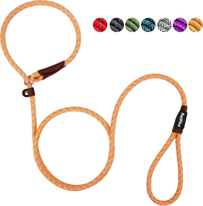 PetiFine Slip Lead, 6FT x 3/8" Reflective Dog Leash, Heavy Duty Adjustable Nylon Dog Rope Leash for Small to Large Dogs (Orange)