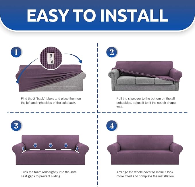 KEKUOU Stretch Oversized Sofa Slipcover 1 Piece Couch Sofa Cover (94"-110") Furniture Protector 4 Seater Sofa with Elastic Bottom for Kids,Pet.Jacquard Checked Pattern Fabric(X Large,Dark Purple)