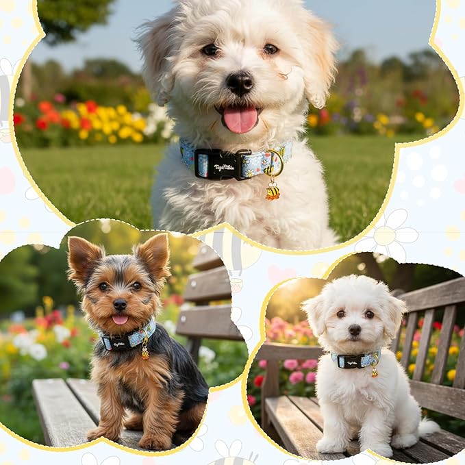 Dog Collar with Bees & Flowers Pattern, Spring Summer Collection Blue Dog Collar with Exquisite Pendant, Durable Adjustable Collars for Gifts & Daily Use-XS