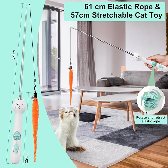 TBTeek Cat Toy, 2in1 Light and 22" Retractable Pole with Feather, Rechargeable, 5 Modes, Interactive Wand Toy for Indoor Cat Kitten Dog 3 Refills