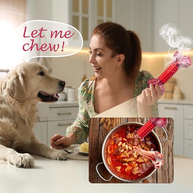3-Pack Tough Dog Toys for Aggressive Chewers: Beef Flavored Long Lasting Dog Bones for Large Dogs, Heavy Duty Nylon & Rubber Dog Chew Toys to Keep Them Busy, Medium & Large Breed, Red