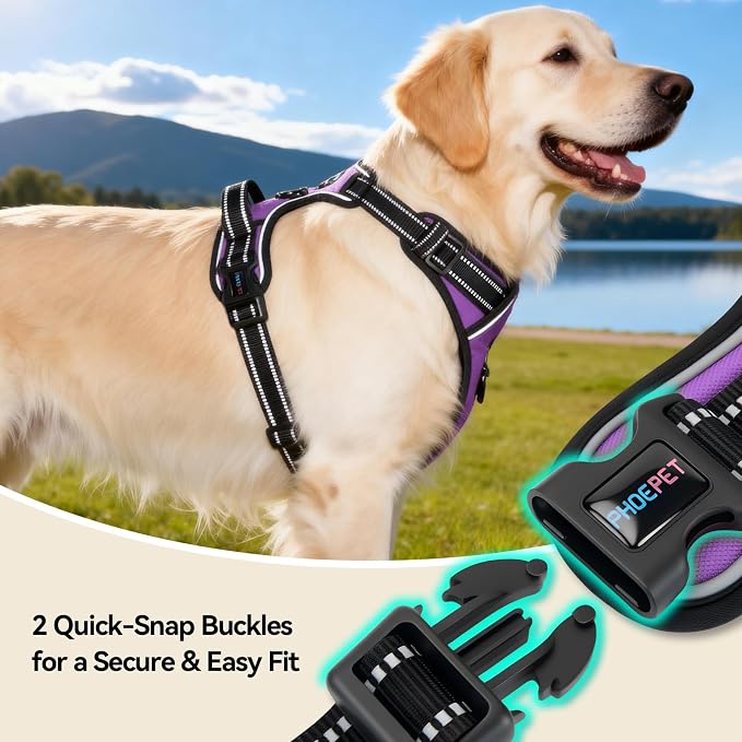 PHOEPET No Pull Dog Harnesses for Small Puppies Reflective Adjustable Front Clip Vest with 2 Metal Leash Attachment Hooks Soft Handle(XS, Purple)
