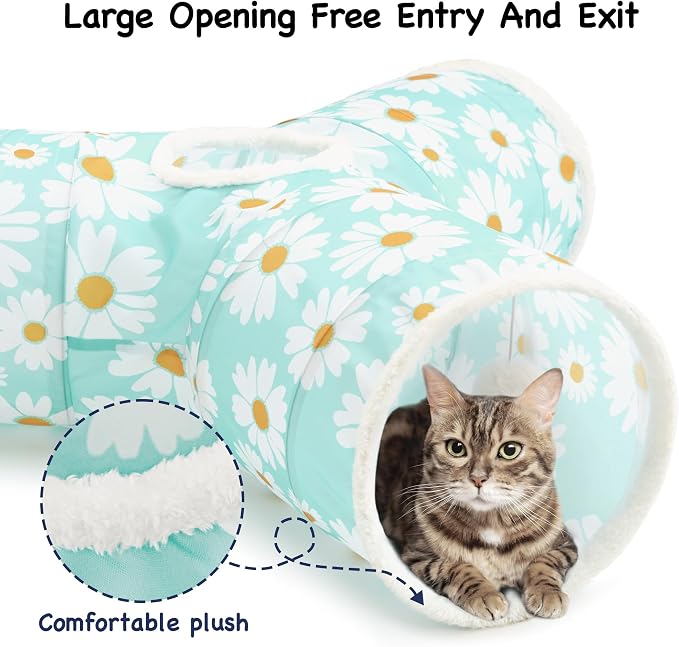 Tempcore Cat Tunnel for Indoor Cats, 3 Way Collapsible Pet Play Tunnel with Teaser Wand, Peek Holes & Hanging Ball, Interactive Tube for Kittens & Rabbits, Daisy Blue Printed