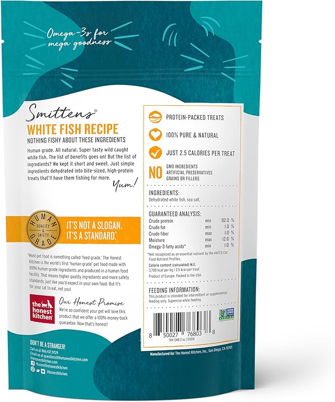 The Honest Kitchen Human Grade Smittens® Bites: Heart-Shaped White Fish Cat Treats, 1.5 oz Bag