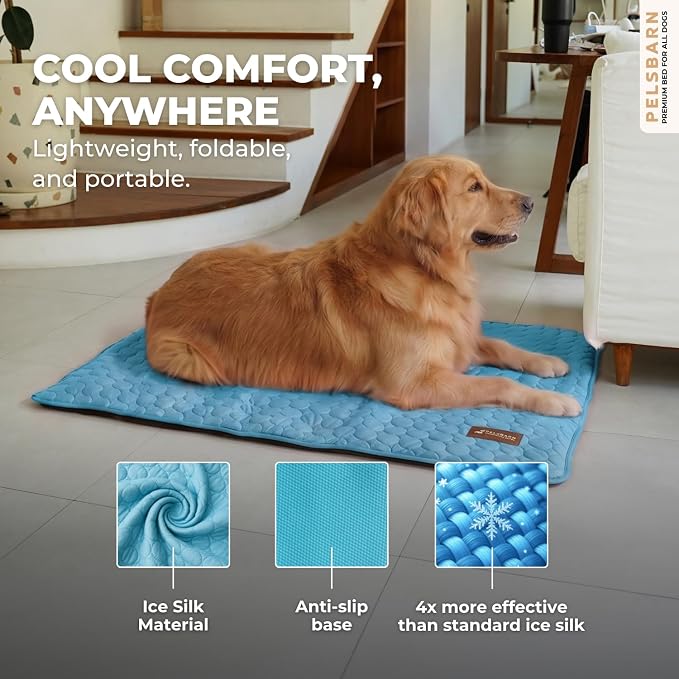 Pelsbarn Dog Cooling Mat- Ice Silk Summer Comfort, Self Cooling, Non-Slip Dog Pad, Durable & Washable, Mat for Extra Large Dogs 33 x 45, Support Shelter Dogs with Every Purchase (Blue)