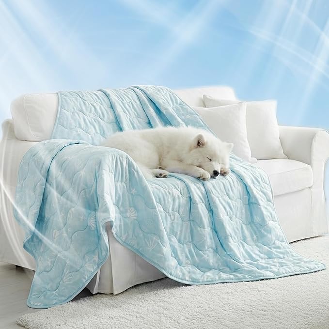 NWK Dog Cooling Blanket, Q-Max>0.345, Ice Silk Cool to Touch Material, Reversible Breathable Bed Cover, Furniture Protector Couch Sofa for Summer, Machine Washable (Ocean Blue,60'' X 80'')