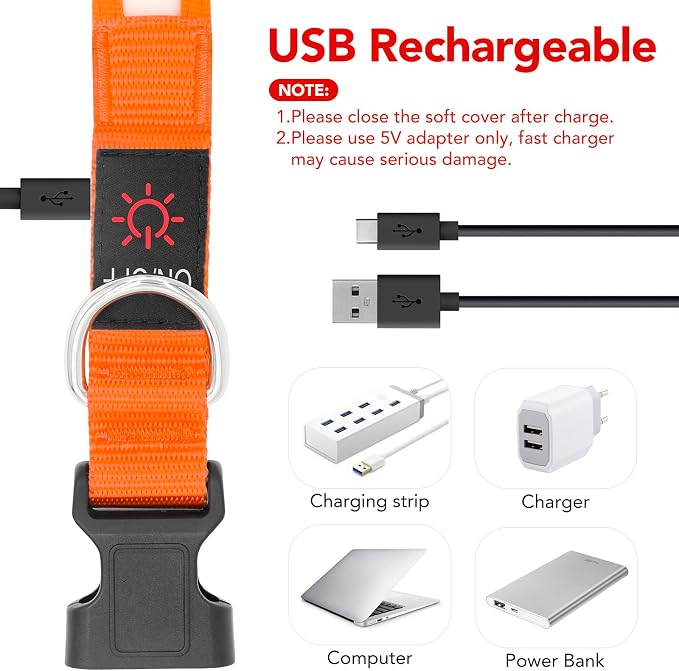 Vizpet LED Dog Collar, Light Up Dog Collar Adjustable USB Rechargeable Super Bright Safety Light Glowing Collars for Dogs(X-Large,Orange)