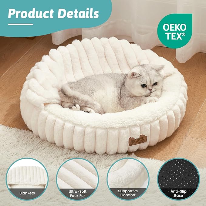 COZY KISS Hooded Blanket Cat Bed – 20"x20" Round Fluffy Donut Cuddler for Cats & Toy Dogs, Anti-Anxiety Faux Fur Pet Bed, Machine Washable with Non-Slip Bottom, Cream