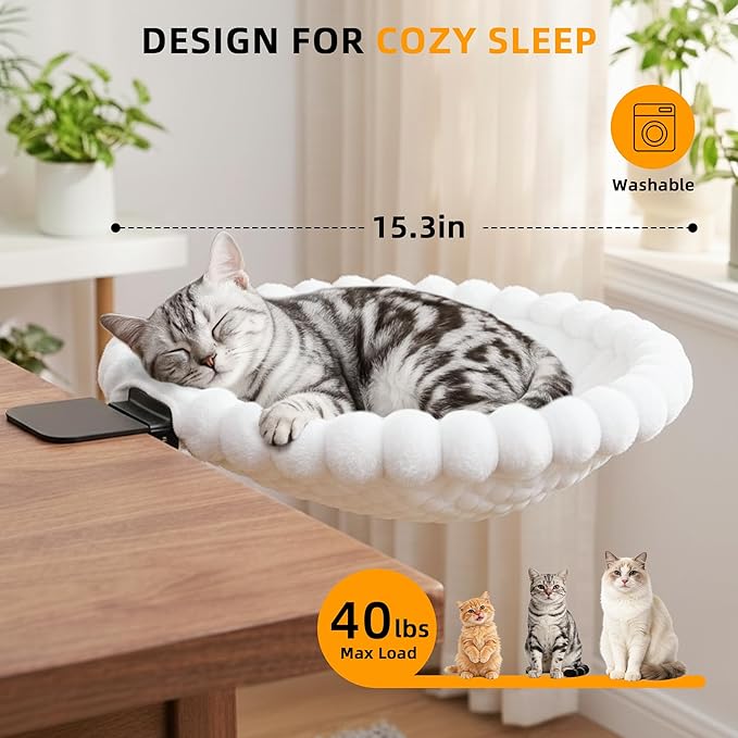 Cat Desk Bed - Cat Hammock for Desk with Faux Rabbit Fur, 180° Folding Space-Saving, Dual-Sided Reversible for All Seasons, Removable & Washable, Holds Up to 40 lbs – for Home Office Desks