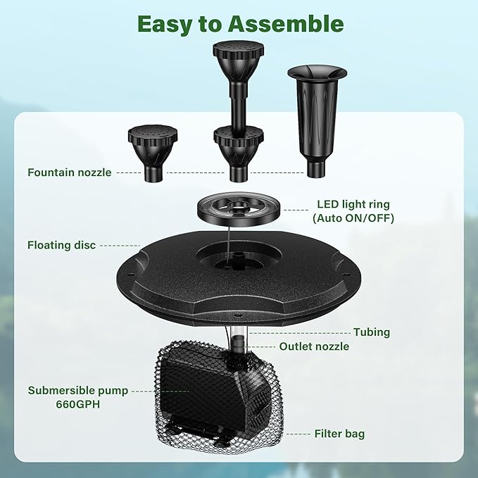 Biling Floating Pond Fountain with 660GPH Pond Pump, Color-Changing LED Lights, 27 FT Power Cord, 3 Spray Patterns – Outdoor Pond Fountain, Black