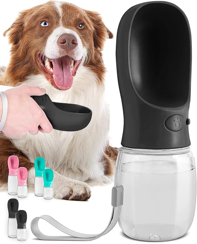 MalsiPree Dog Water Bottle Dispenser - 12 oz Black - Leak-Proof Lock & One-Hand Operation - On the Go Dog Water Dispenser - Pet Travel Bottle with Built-in Bowl, Travel & Hiking Ready