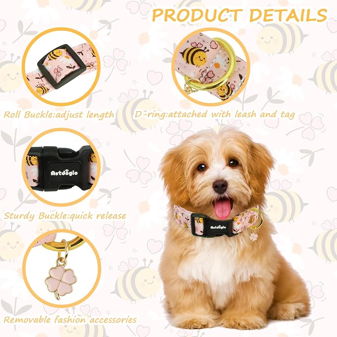 Dog Collar for Spring Summer, Pink Dog Collars with Bee & Flowers, Adjustable Cotton Puppy Dog Collars, Cute Girl or Boy Dog Collar Ideal for Small Medium Large Dogs,Pet Accessory,L