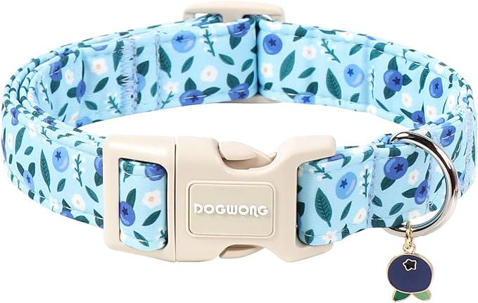 DOGWONG Blueberry Pattern Dog Collar, Cute Light Blue Spring Summer Puppy Collar - Soft Adjustable Dog Collars for Small Medium Large Dogs, Neck 39-60 inches