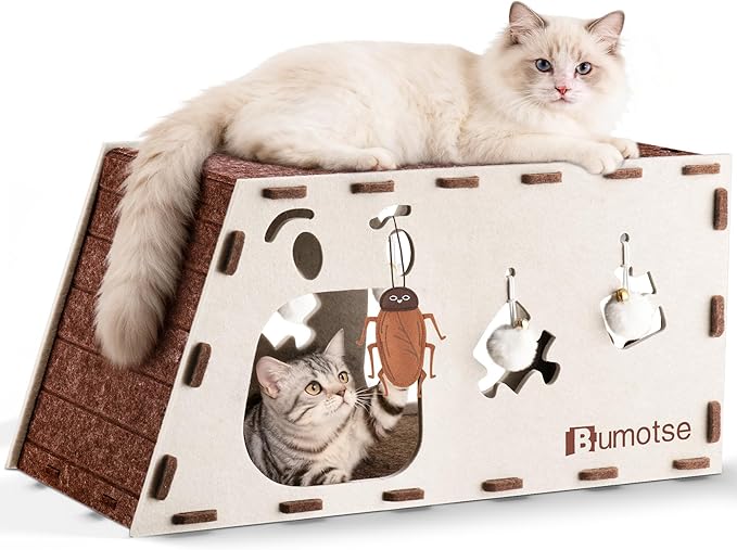 Felt Cat Bed Cave for Indoor Cats, Modular Tunnel Hideaway House for Large Cats Up to 22LB, Cozy Washable Felt Cat Condo for Sleeping, Playing & Hiding, Cream