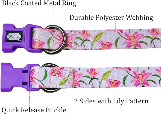 Dog Collar Leash Set, Floral Pattern, Polyester Material, Adjustable Collar and 5ft Matchcing Leash, for Puppy Dogs.(XS, Purple Lily)