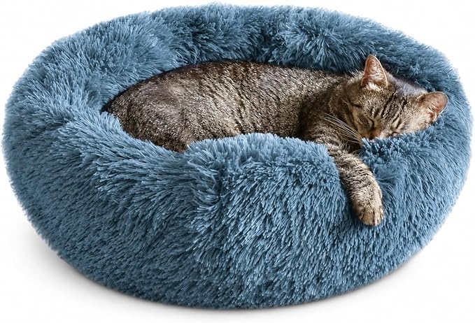 Whiskers & Friends Cat Beds for Indoor Cats, Fluffy Calming Donut Cat Bed, Small Dog Bed Washable - Orthopedic Soft Plush Pet Beds Sized for Kitten to Large Cats & Puppy to Small Dogs - Navy Grey 23''