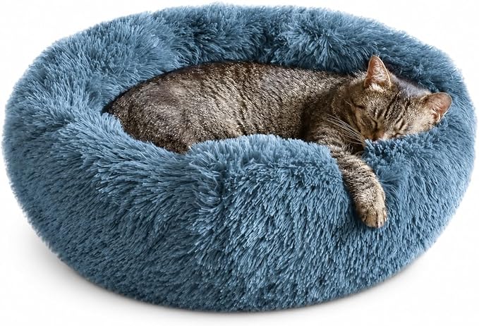 Whiskers & Friends Cat Beds for Indoor Cats, Fluffy Calming Donut Cat Bed, Small Dog Bed Washable - Orthopedic Soft Plush Pet Beds Sized for Kitten to Large Cats & Puppy to Small Dogs - Navy Grey 20''