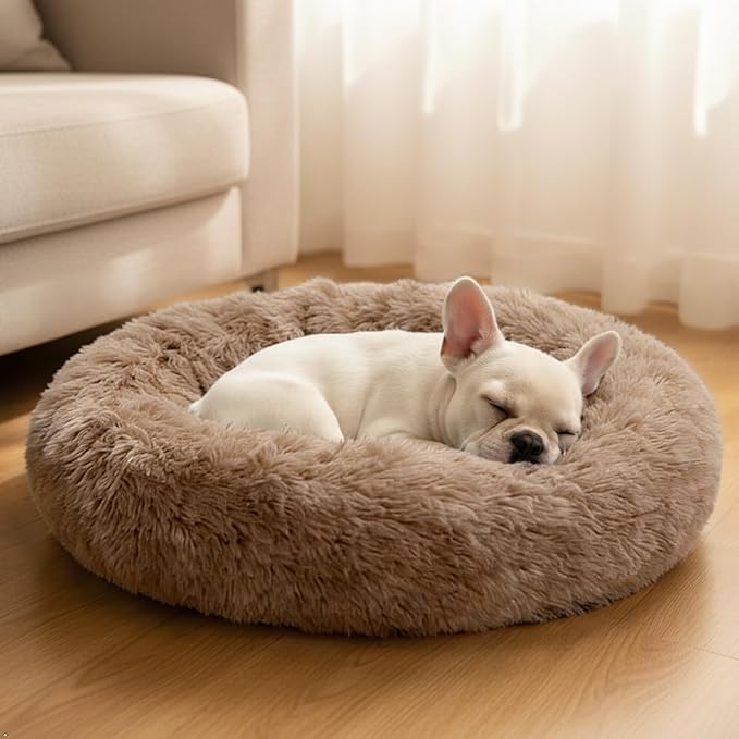 Comfort Donut Dog Bed for Small Dogs, Cat Bed & Pet Bed for Indoor Use, Medium Size with Soft Plush, Round Dog Beds for Large Dogs and Cats (Light Brown, 20''Lx20''Wx8''Th)
