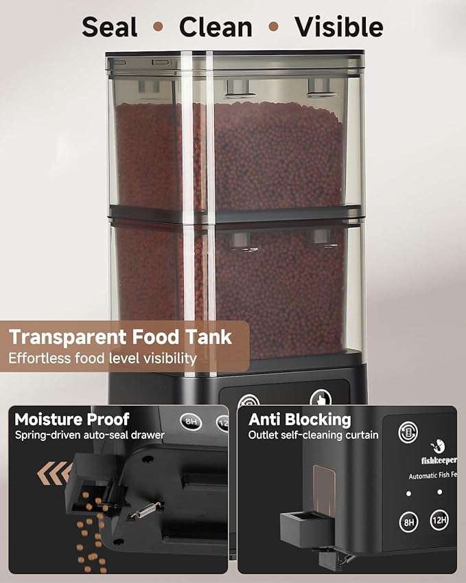 fishkeeper Automatic Fish Feeder for Aquarium - 520ML Large Capacity Adjustable Fish Feeder Automatic Dispenser with Timer for Vacation, Weekend or Daily Use, Three Fixed Methods