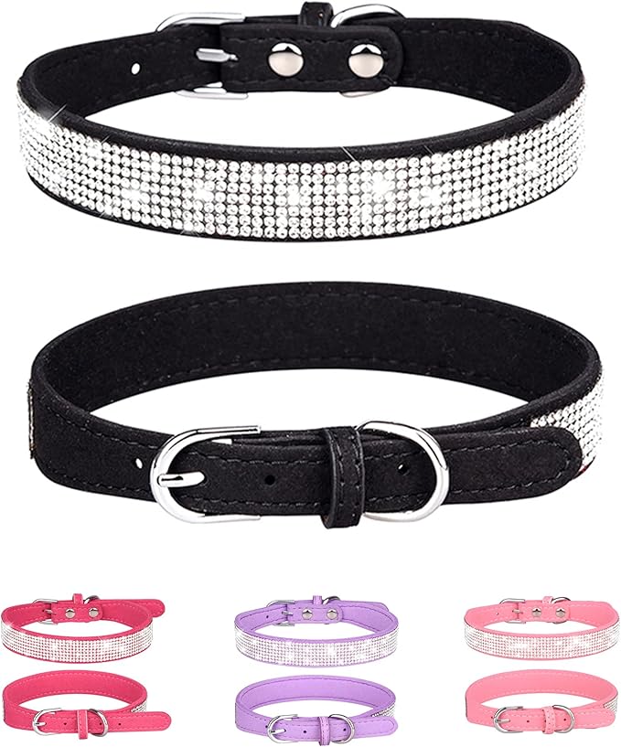 Dog Collar for Small Dogs, Adjustable Leather Suede Bling Dog Collars，Black Dog Collar Cat Collar, Rhinestone Dog Collar(S, Black)