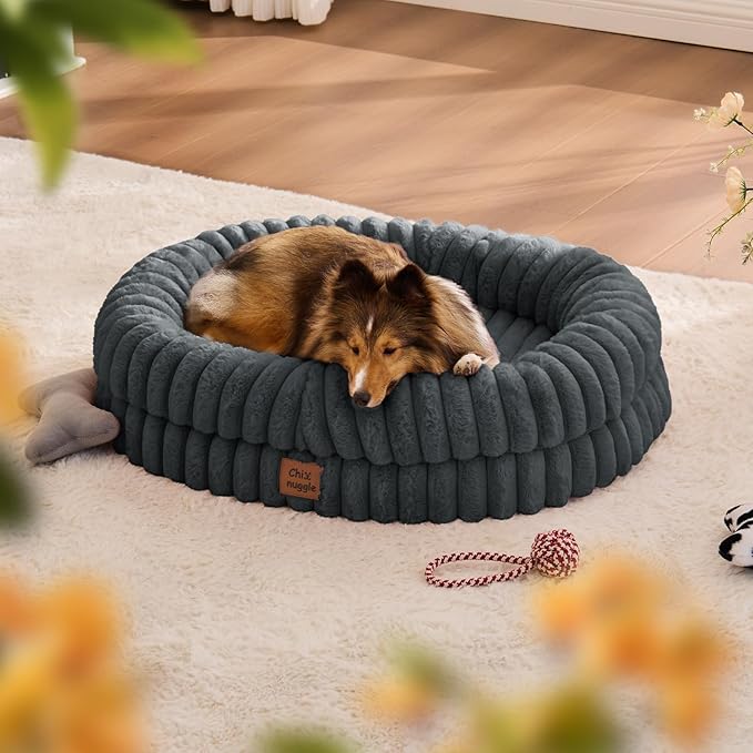 ChiXnuggle Orthopedic Dog Bed for Medium Dogs, Waterproof Faux Rabbit Fur Dog Couch with Egg Crate Foam Support and Washable Removable Cover, Bolster Pet Sofa with Non-Slip Bottom, 30x24x7, Dark Grey