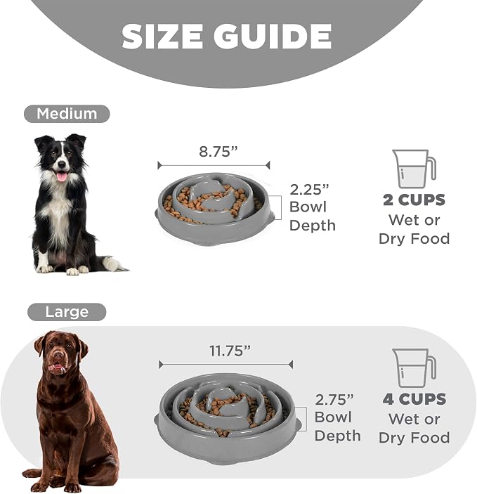 Outward Hound Fun Feeder Slo Bowl – Large 4‑Cup Capacity, Slow Feeding, Medium to Large Dogs, Non‑Slip, Gray, Drop Pattern, 11.75"