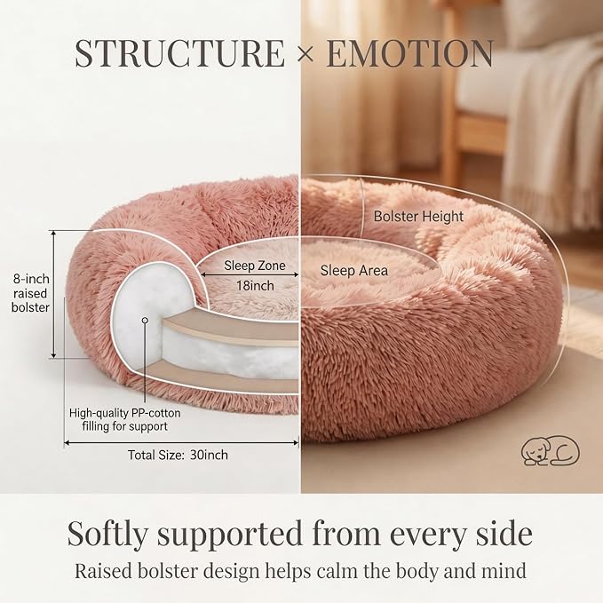 Calming Dog Bed for Medium Dogs Washable Donut 30 inches Anti-Slip Pet Bed,Round Fluffy Plush Faux Fur Cat Bed,Fits up to 45 lbs Pets,Pink