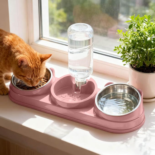 3 in 1 Cat Bowls Pet Feeder with Water Dispenser, 15° Raised Cat Dish Food and Water Bowls Set for Wet/Dry Food, Triple Pet Feeding Station for Rabbit Kitten Bunny (Pink)