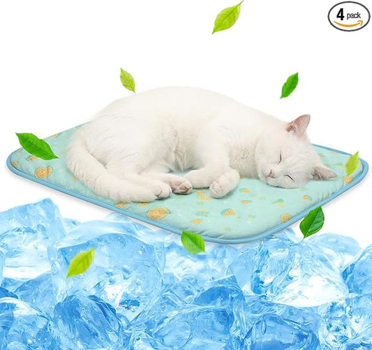 NWK Pack of 4 Pet Cooling Mat -Q-Max>0.345 Ice Silk Cooling Mat for Dogs & Cats Portable & Washable Pet Cooling Blanket, Car Seats, Beds for Summer (4pcs, Green Fruit, 20'' X 16'' X 0.3'')