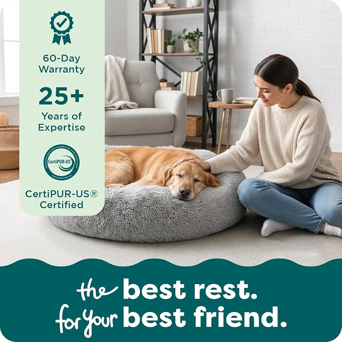 FurHaven 45" Calming Donut Dog Bed for Large Dogs, Round Plush Donut with Soft Filling for Snuggling Comfort, Removable Washable Cover, Jumbo XL, Shaggy Faux Fur, Mist Gray