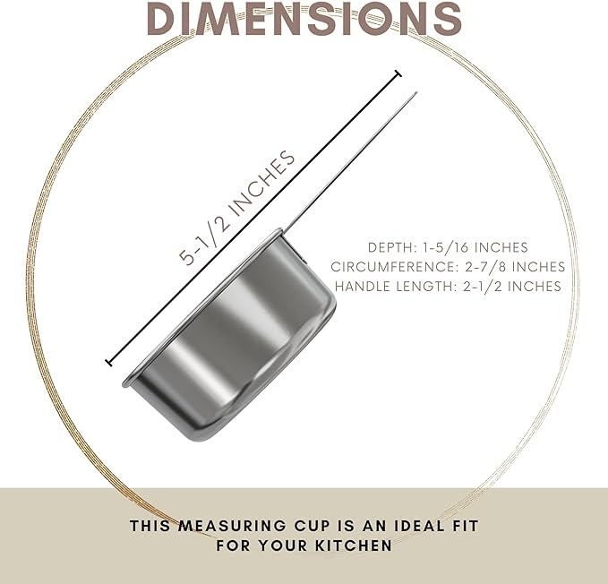 1/2 Cup Stainless Steel Measuring Cup | Sturdy Metal 125 ml | 125 cc | 4 oz | Single Cup for Wet and Dry Ingredients | Great for use as 1/2 Cup Dog Food Scoop - 4 PK