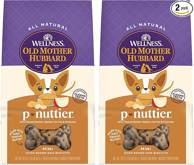 Old Mother Hubbard Wellness P-Nuttier Dog Biscuits, Natural, Training Treats, Peanut Butter Flavor, Mini Size, (20 Ounce Bag)(Pack of 2)