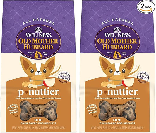 Old Mother Hubbard Wellness P-Nuttier Dog Biscuits, Natural, Training Treats, Peanut Butter Flavor, Mini Size, (20 Ounce Bag)(Pack of 2)