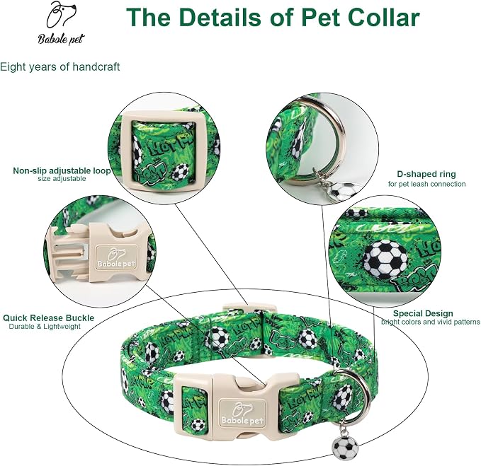 Soccer Dog Collar, Cute Boy Dog Collars for Medium Dogs - Green Sports Themed Cotton Male Dogs Collar, Soft Adjustable Daily Pet Collars with Quick Release Buckle M