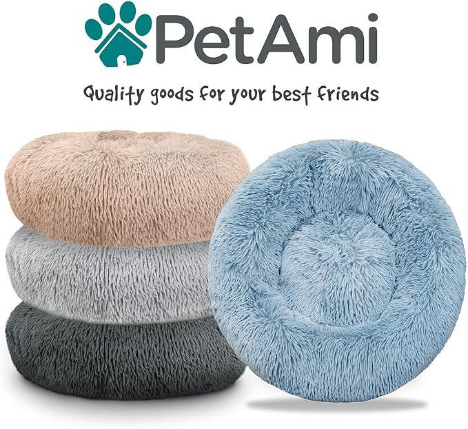 PetAmi Calming Dog Bed for Small & Medium Dogs, Cats & Puppy, Warming Round Donut Cuddler Bed, Anti-Anxiety Fluffy Shaggy Faux Fur Pet Bed, Machine Washable, Non-Slip Bottom, 23 Inch - Light Gray