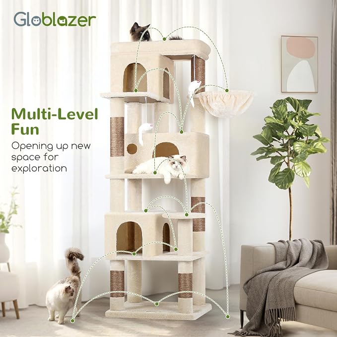 Globlazer Corner Cat Tree 66 inch Multi-Level Climbing Tower Kitty Condos Cat Scratching Tower for Indoor Multiple Cats with Large Platform, 3 Cat Caves, F66, Beige