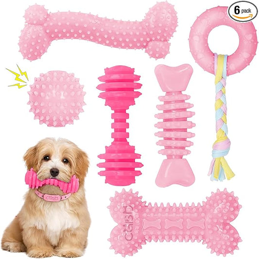 Puppy Toys, 6 Pack Dog Chew Toys for Puppy, Cute Pink Small Dog Toys, Puppy Teething Toys for Puppies, 2026 Upgraded Soft Durable Interactive Chew Toy for Small Dogs