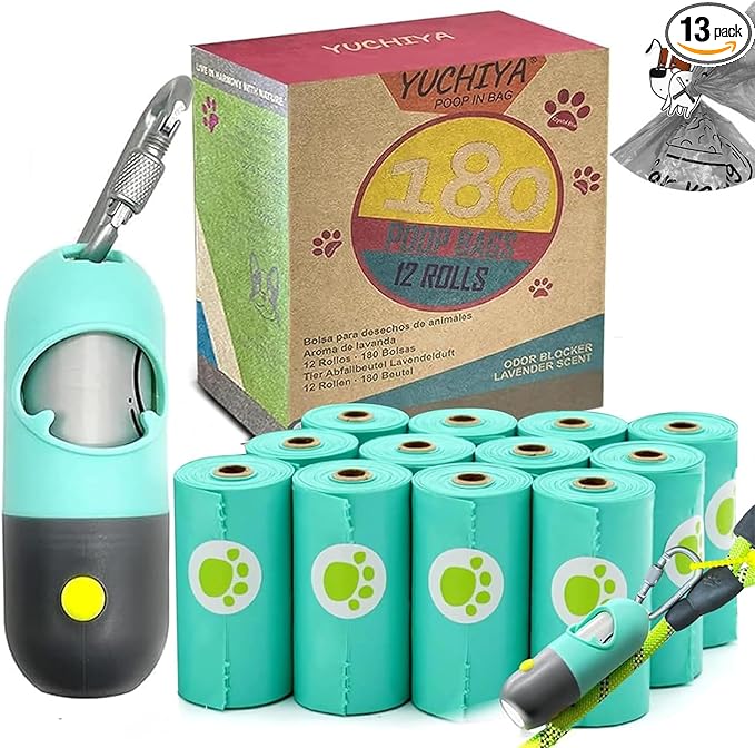 Dog Waste Bags Holder with LED Flashlight Doggie Poop Bags Dispenser with 13 Rolls Leak-Proof Pet Trash Bags Rechargable USB Cable (Mint Green)