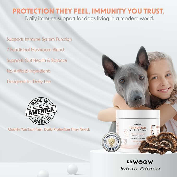 Turkey Tail Mushroom Chews for Dogs (120 Soft Chews) – Immune Support & Gut Health – 7 Mushroom Blend, Salmon Oil & Probiotics – Daily Wellness Supplement – Made in USA – Dr. Woow