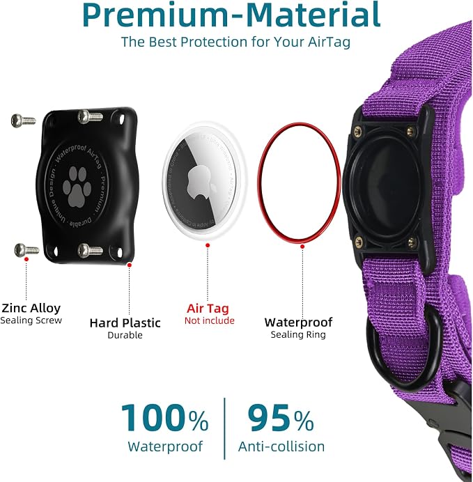 Tactical AirTag Dog Collar, 100% Waterproof Integrated Apple Air Tag Dog Collars with Hard PC AirTag Holder, Adjustable Military Collar with Handle, GPS Dog Collar for Medium Large Dogs(Purple,L)
