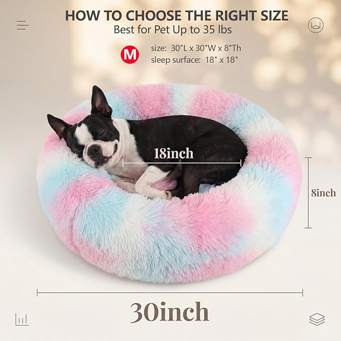 Calming Dog Bed for Medium Dogs Washable Donut 30 inches Anti-Slip Pet Bed,Round Fluffy Plush Faux Fur Cat Bed,Fits up to 45 lbs Pets,Multi Colored