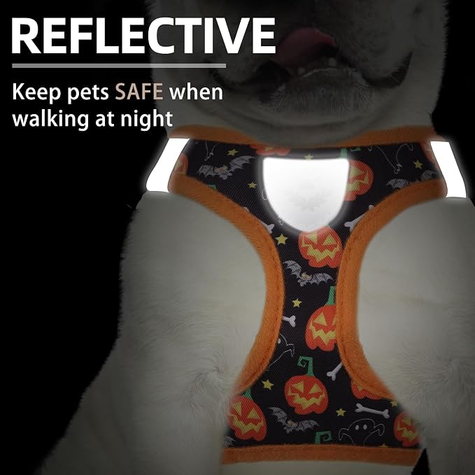 PUPTECK Adjustable Dog Harness Collar and Leash Set Step in No Pull Pet Harness for Small Medium Dogs Puppy and Cats Outdoor Walking Running, Soft Mesh Padded Reflective Vest Harnesses, Halloween, XS