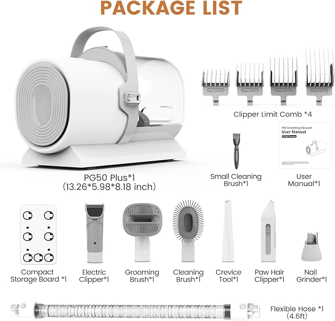 Dog Grooming Vacuum and Kit, Clipper Nail Trimmer Grinder, 2.5L Dust Cup 7 Grooming Tools 11000Pa Pet Vacuum for Shedding Grooming, Dog Hair Vacuum, Home Cleaning, PG50 Plus