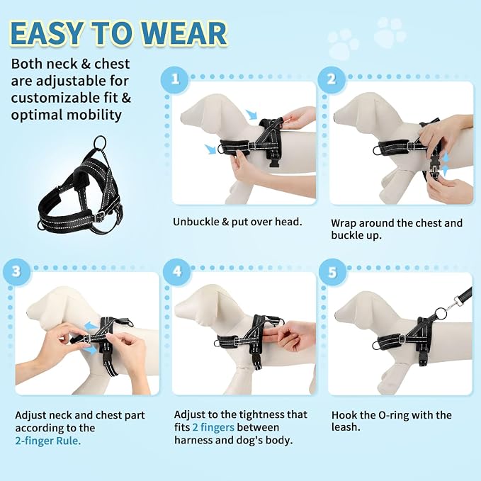 SlowTon No Pull Small Dog Harness and Leash Set, Puppy Soft Vest Harness Neck & Chest Adjustable, Reflective Lightweight Harness & Anti-Twist Pet Lead Combo for Small Medium Dogs (Black, XXS)