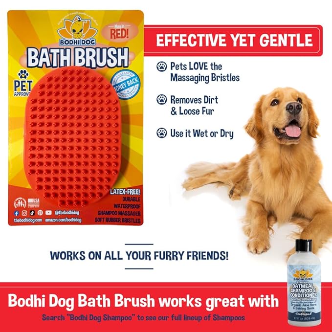 Bodhi Dog Shampoo Brush - Pet Grooming & Bath Supplies for Dogs and Cats - Bath Brush for Long & Short Hair - Premium Scrubber for Shower, Bathing & Massage (One Pack, Red)